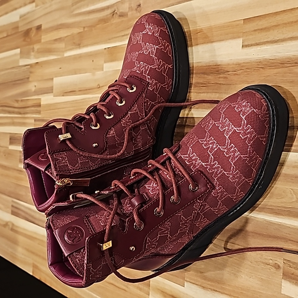 Michael Kors logo boots burgundy ("Merlot") and gold 9.5 NEW
